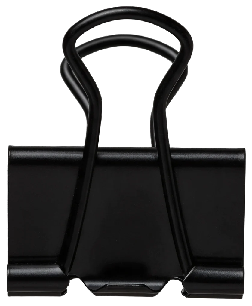 Front view of a matte black metal bulldog clip with folded wire handles