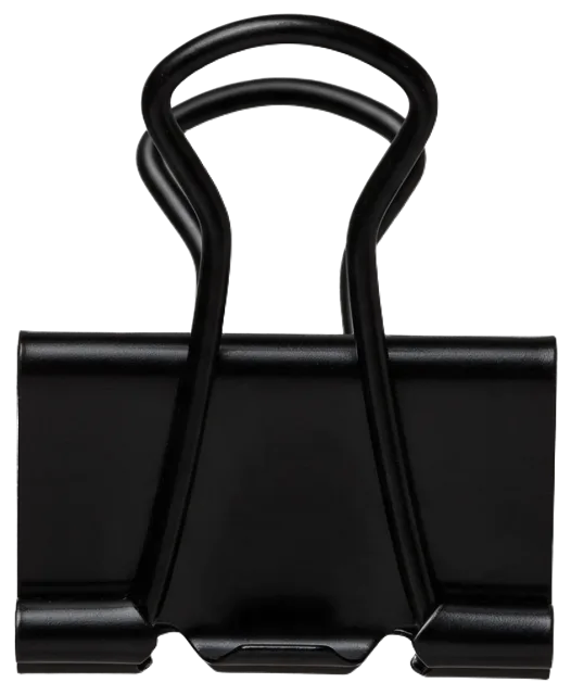 Front view of a matte black metal bulldog clip with folded wire handles