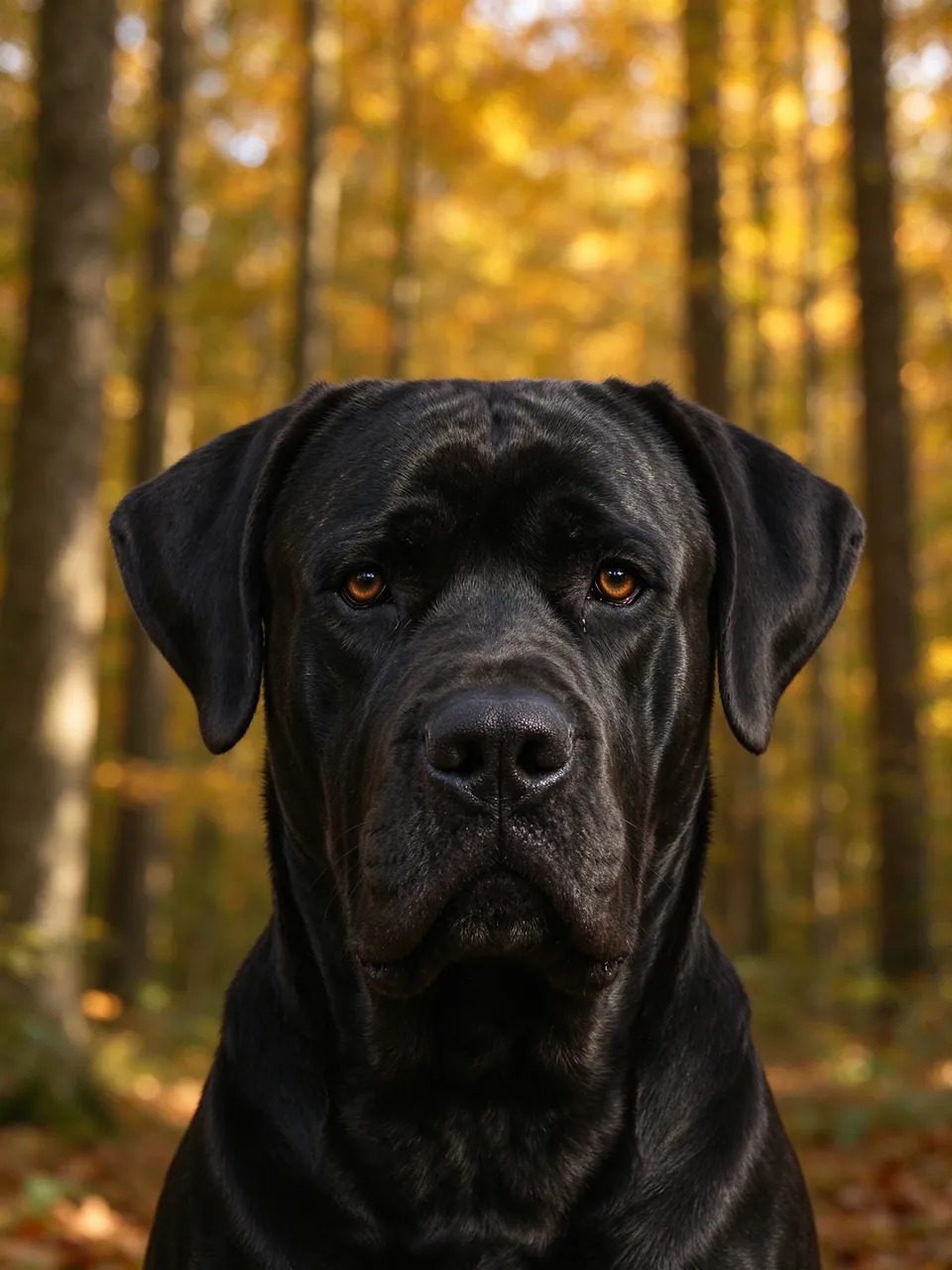 Head portrait of a black Cane Corso dog against a golden autumn forest background