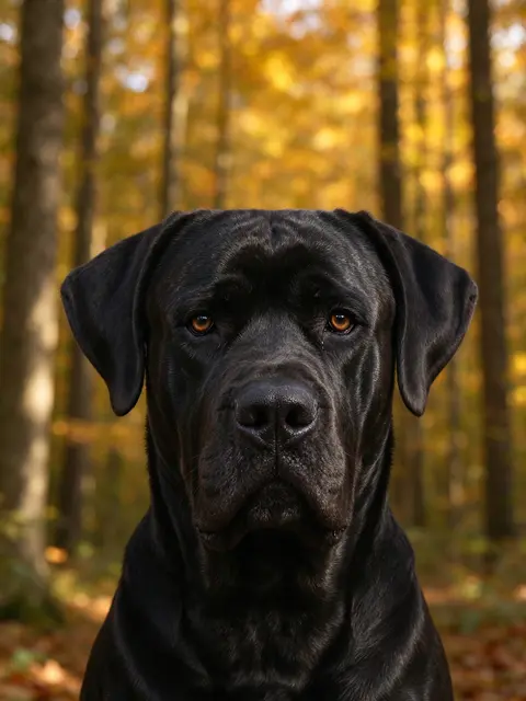 Head portrait of a black Cane Corso dog against a golden autumn forest background
