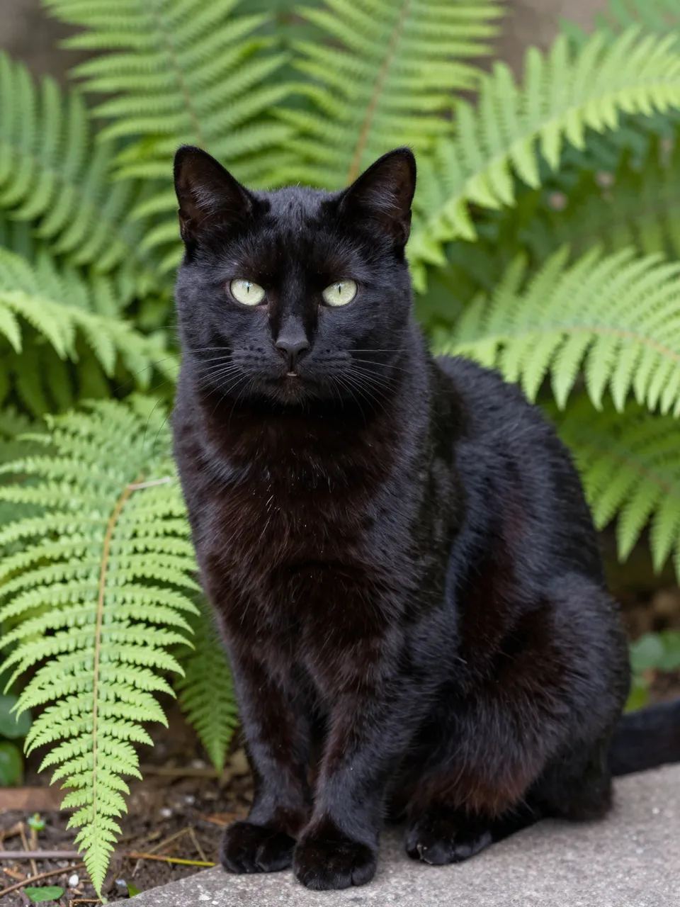 A black cat with pale green eyes sits facing the camera beside lush green garden ferns