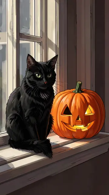 A black cat sits on a windowsill next to a lit carved jack-o'-lantern beside a sunlit window.