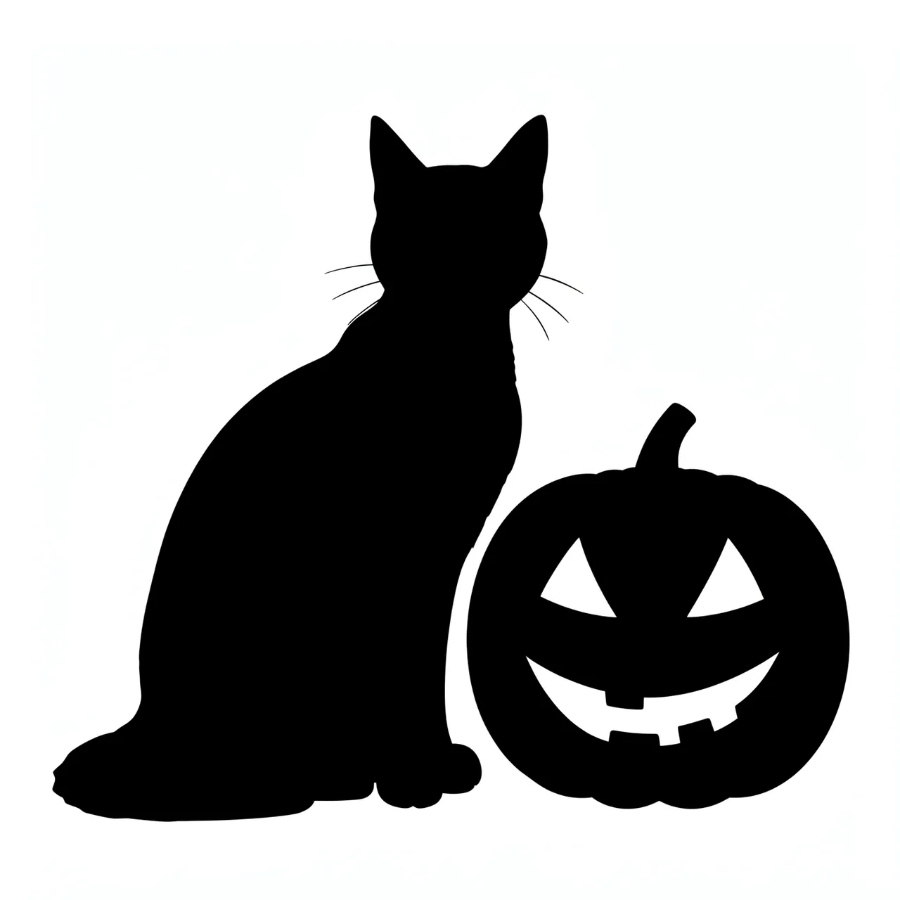 Solid black silhouette of a sitting black cat next to a jack-o'-lantern on a plain white background
