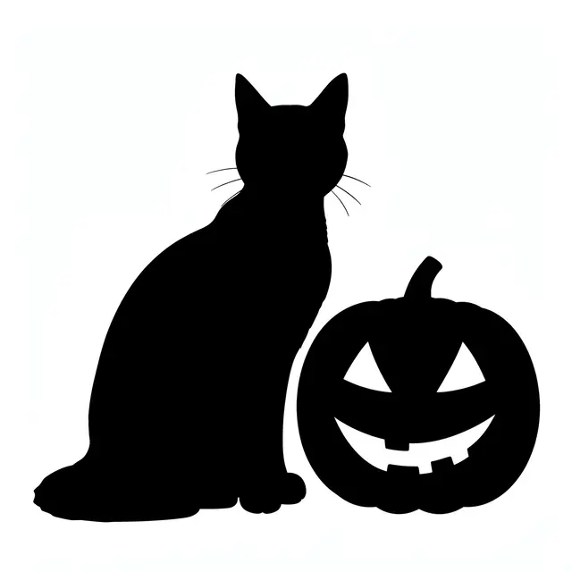 Solid black silhouette of a sitting black cat next to a jack-o'-lantern on a plain white background