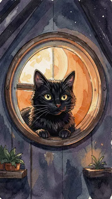 A black cat peers out from a round attic window on a starry Halloween night.