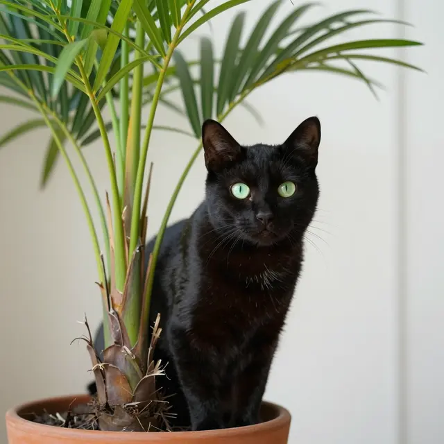 A black cat with bright green eyes sits partially hidden in a potted palm in a bright interior room