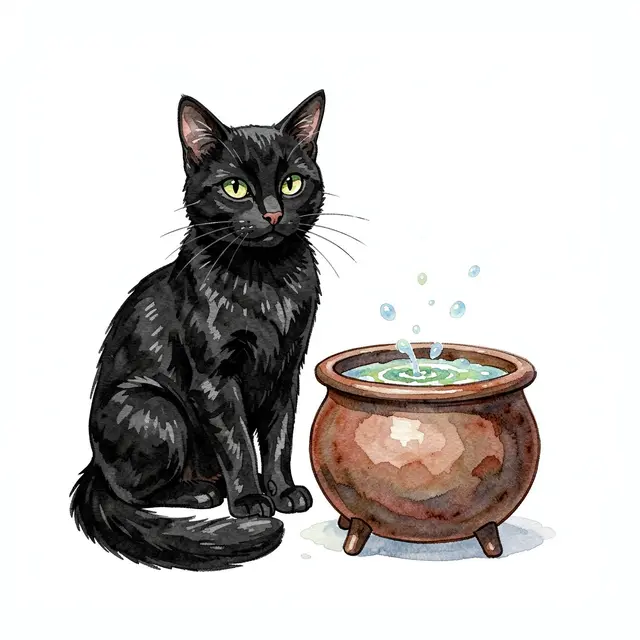 Watercolor illustration of a sitting black cat next to a small bubbling cauldron on a plain white background