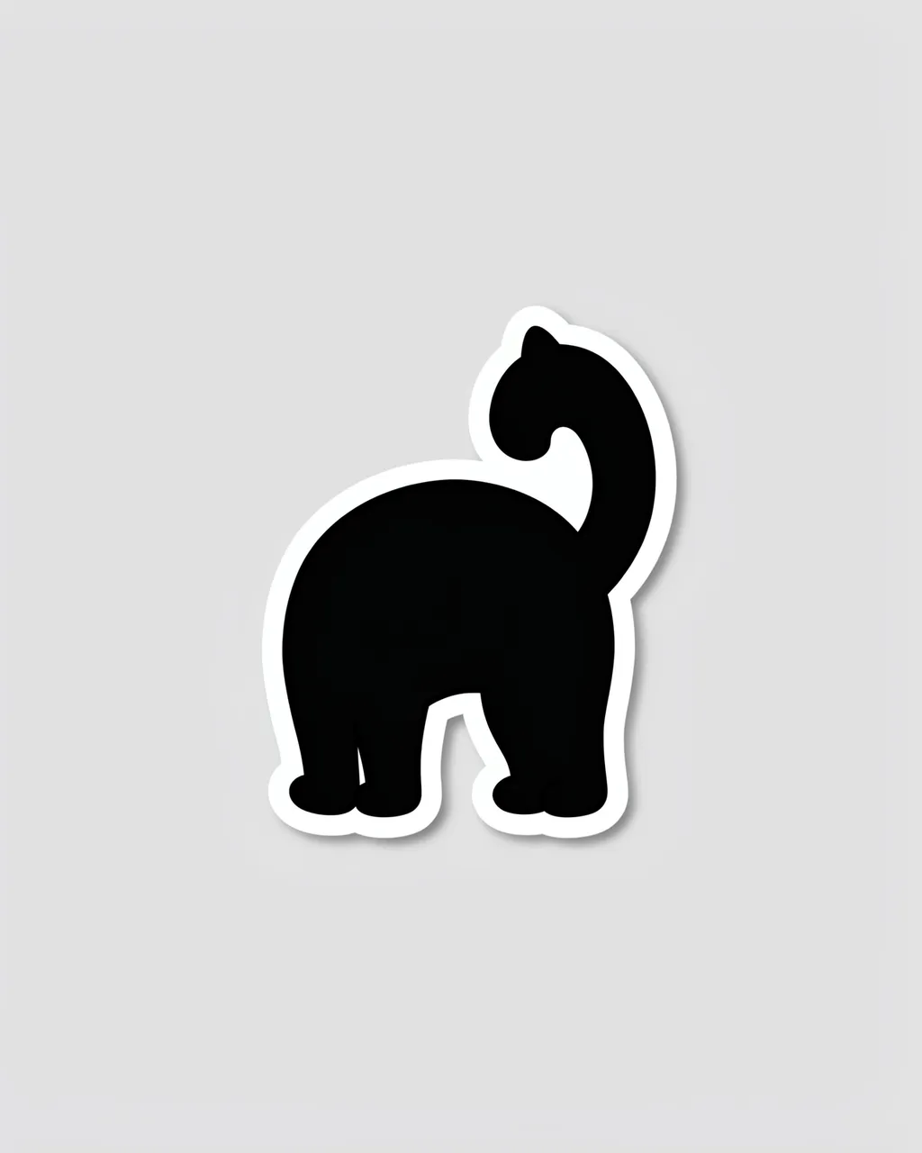 Die-cut sticker of an arching black cat with thick white border on light gray background