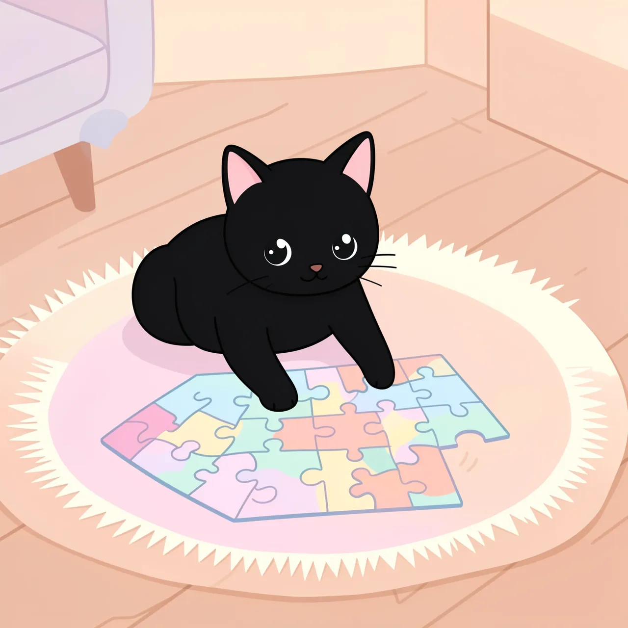 Cute black cat sits on a cozy pastel rug next to a colorful jigsaw puzzle in a living room