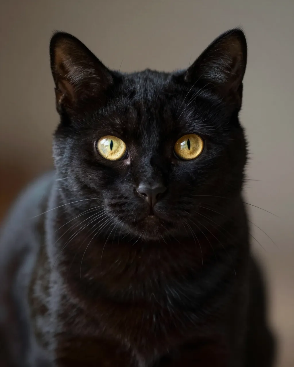 A close-up portrait of a black cat with bright golden eyes gazing directly at the camera in low soft light