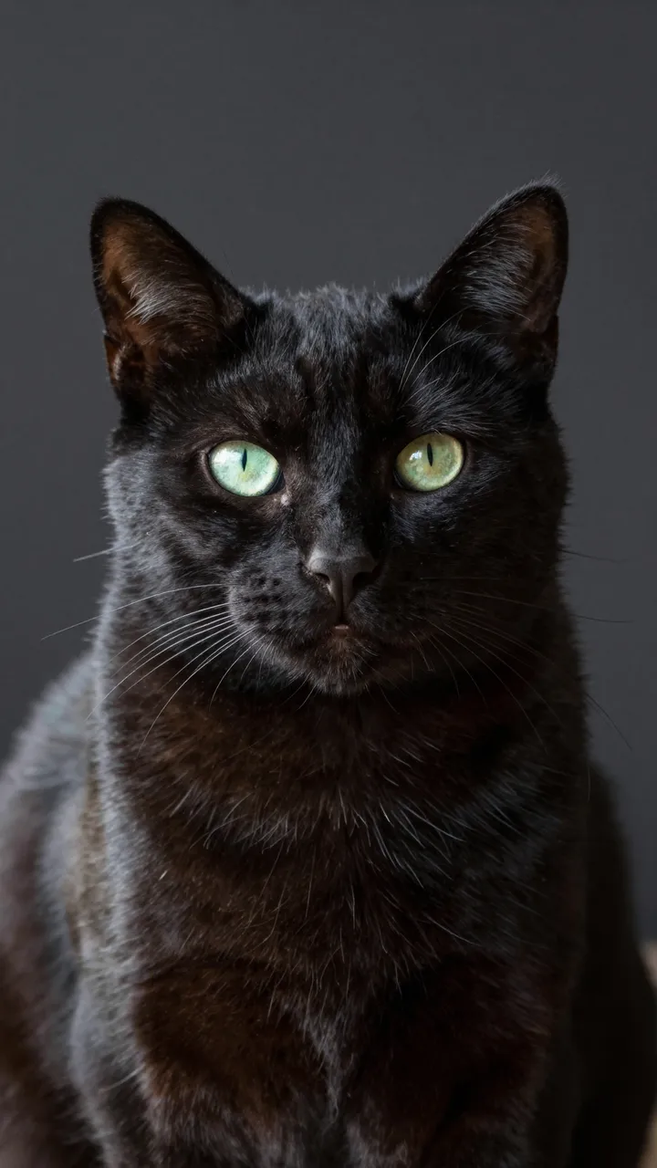 A close-up portrait of a black cat with bright green eyes facing the camera against a dark muted gray background
