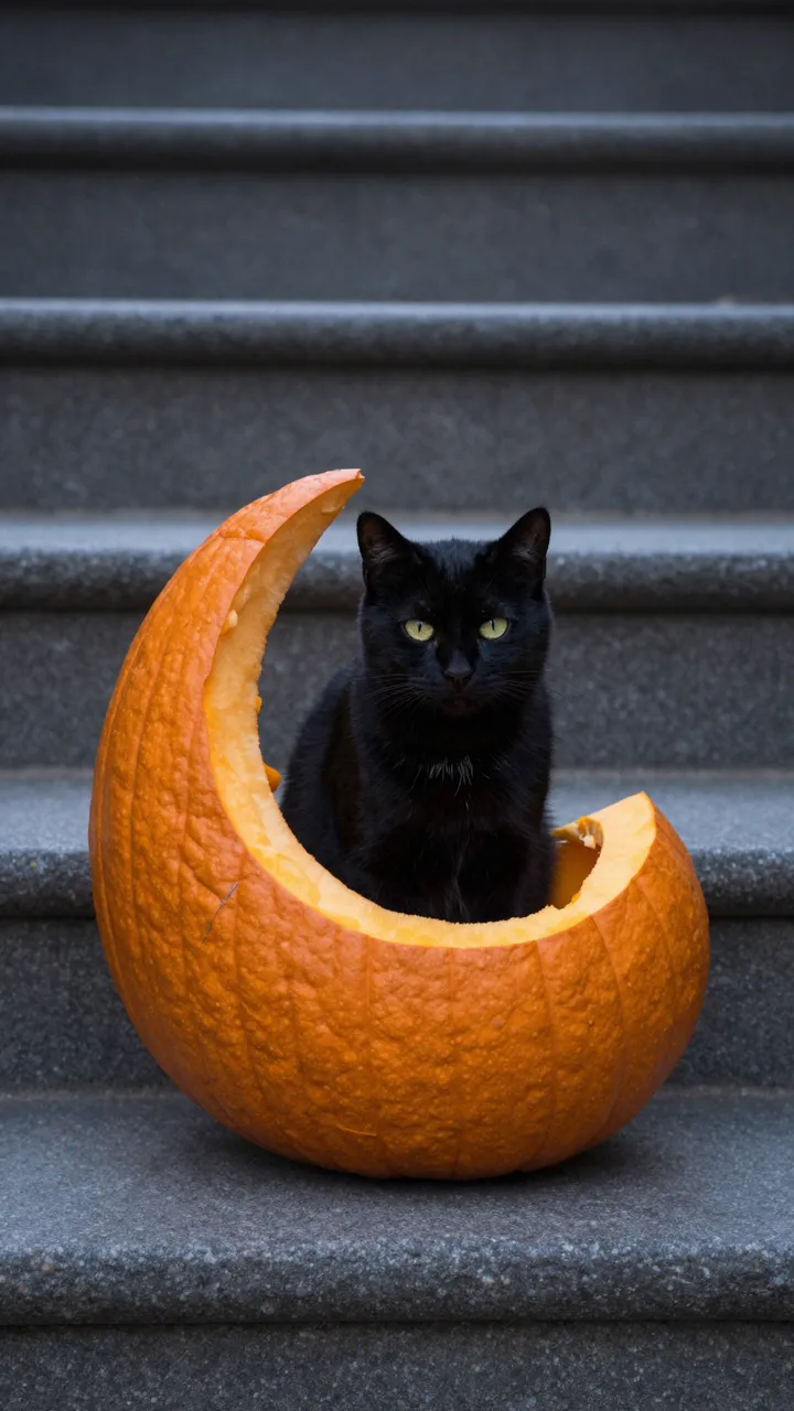 A black cat sits inside a crescent-shaped carved pumpkin placed on dark gray stone steps