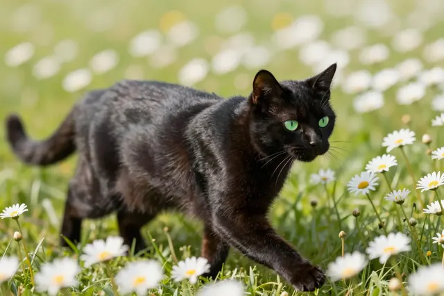 A black cat with bright green eyes steps through a sunlit meadow of white daisies.