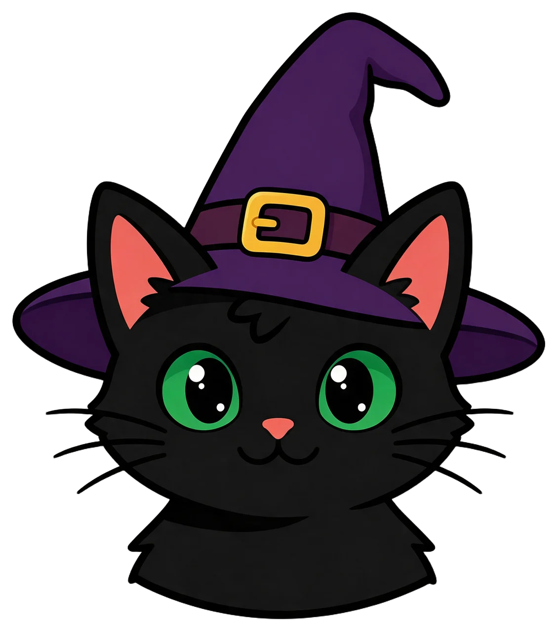 Cute cartoon black cat with green eyes wearing a purple pointed witch hat, facing forward