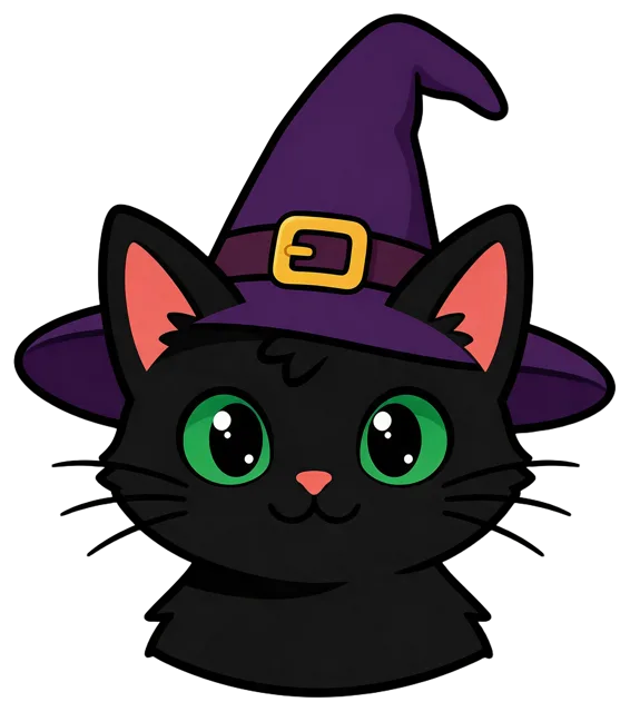 Cute cartoon black cat with green eyes wearing a purple pointed witch hat, facing forward