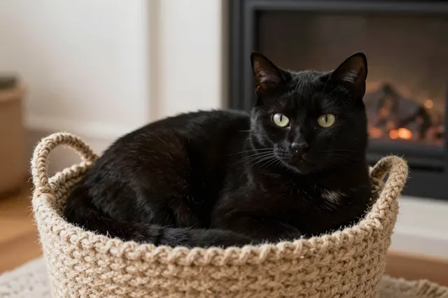 A black domestic cat with pale green eyes rests in a knitted basket beside a glowing indoor fireplace.