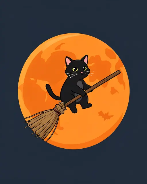 A cute black cat rides a broomstick in front of a large orange Halloween full moon.