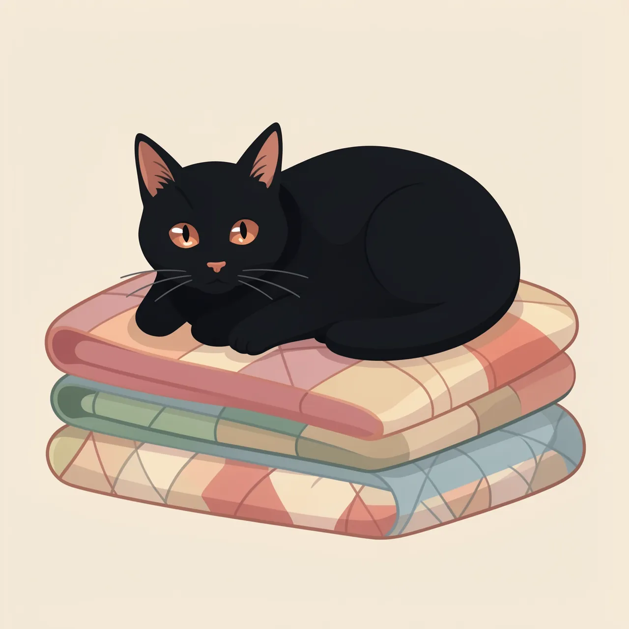A black cat with warm copper eyes rests curled on a stack of soft muted folded quilts.