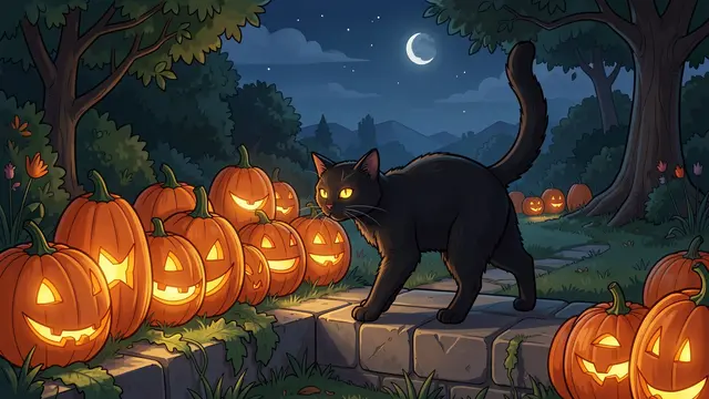 A black cat walks along a stone garden wall lined with glowing jack-o'-lanterns on a moonlit Halloween night