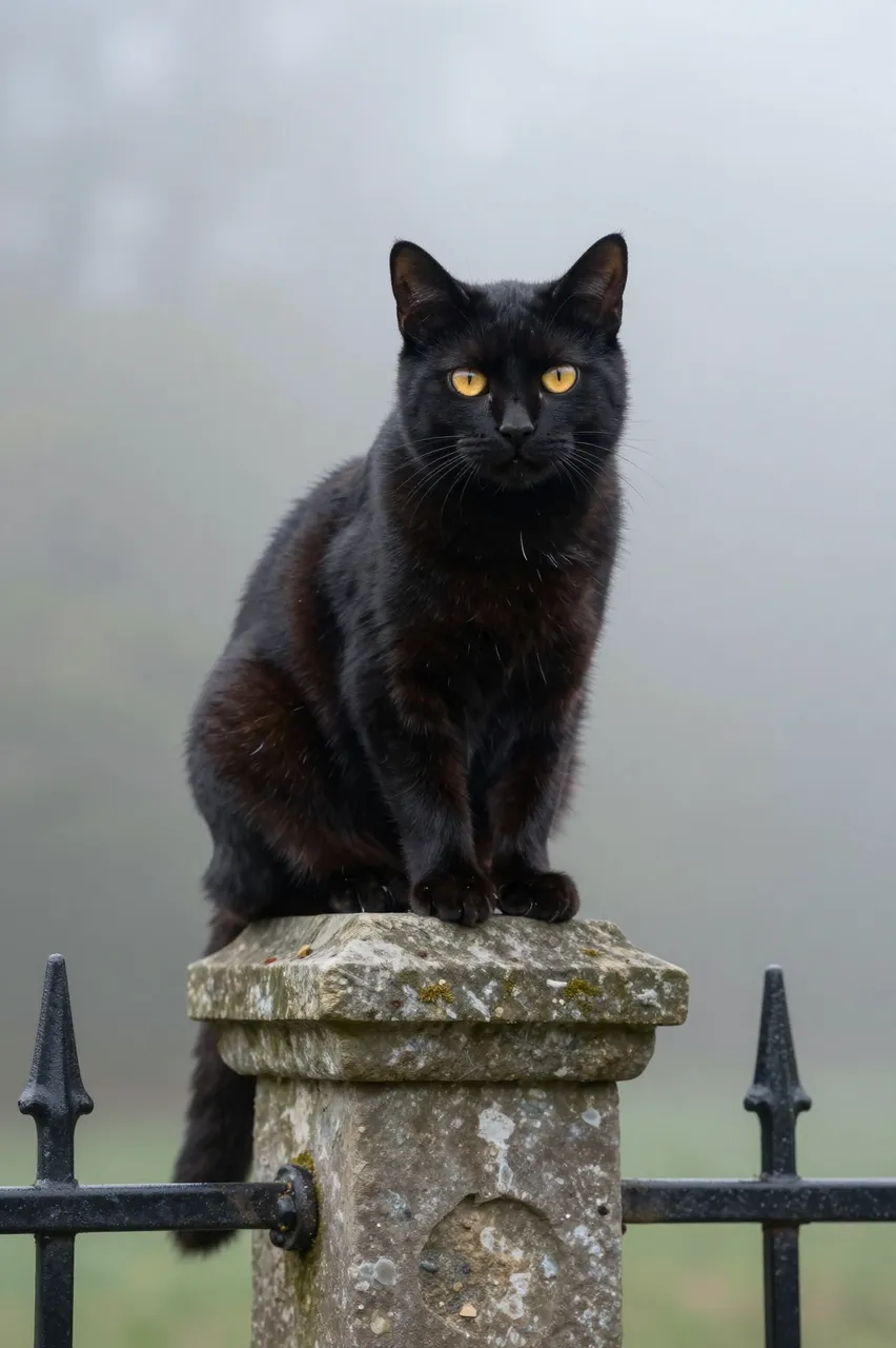 A black cat with amber eyes sits perched on a weathered stone gatepost in soft morning fog
