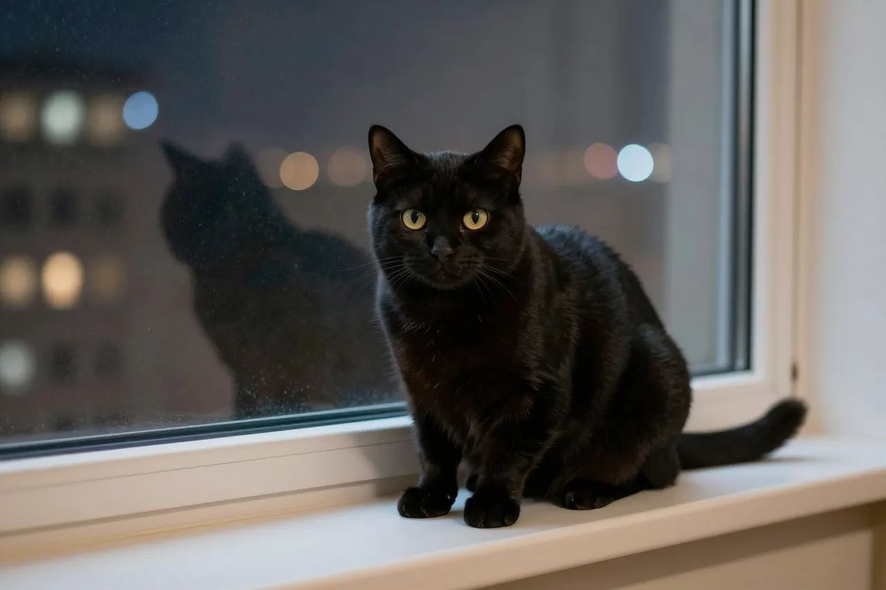 A black cat with yellow eyes sits on a windowsill, with blurred city night lights behind the glass.