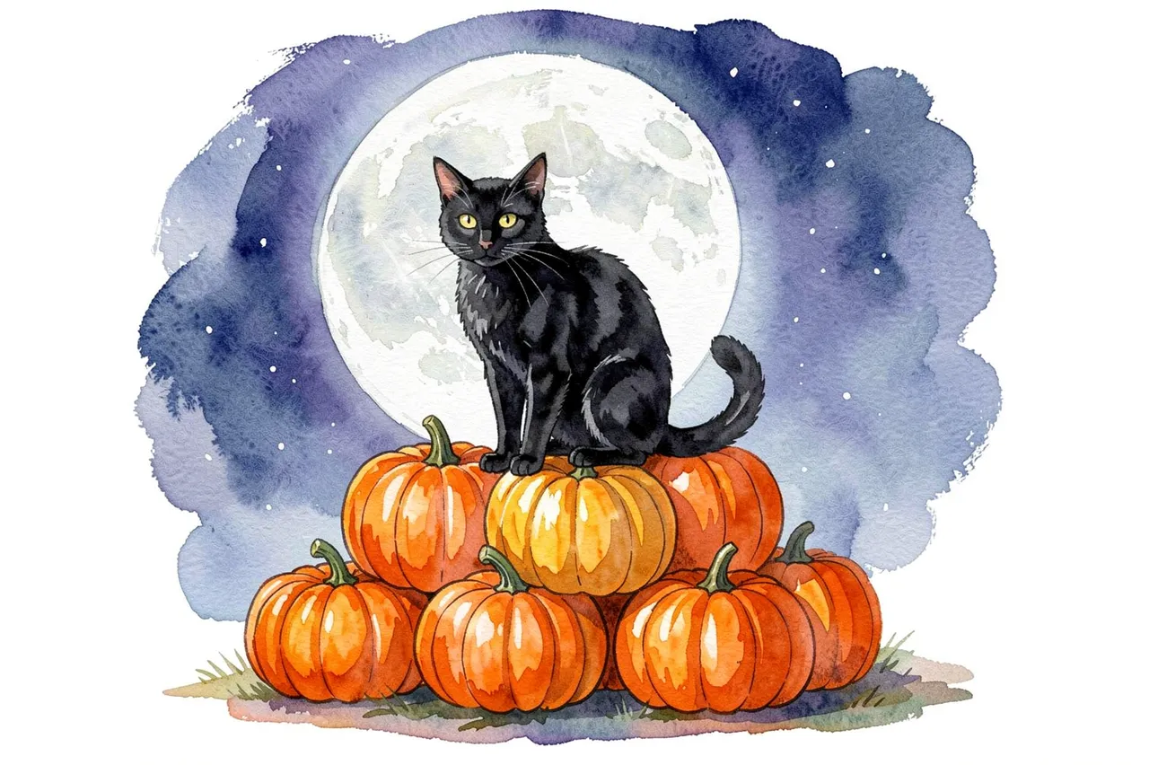Watercolor illustration of a black cat sitting atop stacked pumpkins in front of a glowing full moon