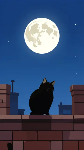 A solid black cat sits on a brick rooftop gazing up at a bright full moon against a dark starry night sky.