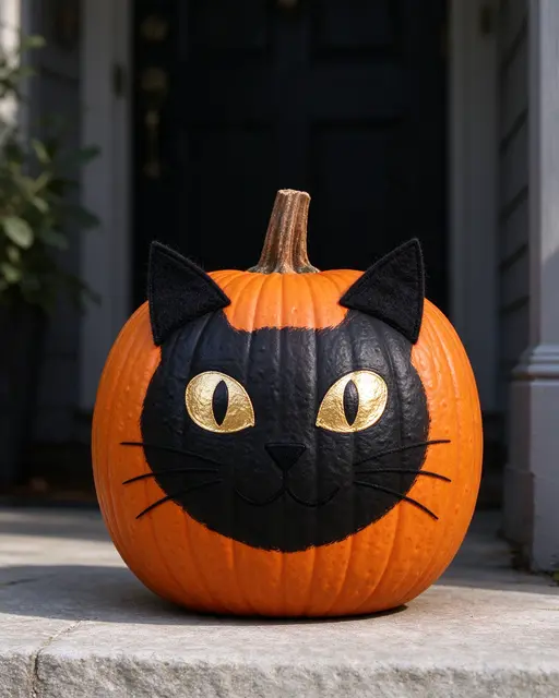 Pumpkin decorated as a black cat face sits on a home front step in daylight