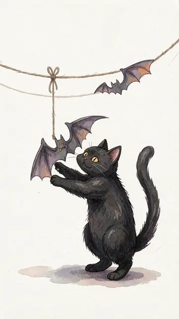 A black cat stands batting at paper bat decorations hanging from a twine garland in gouache storybook style.
