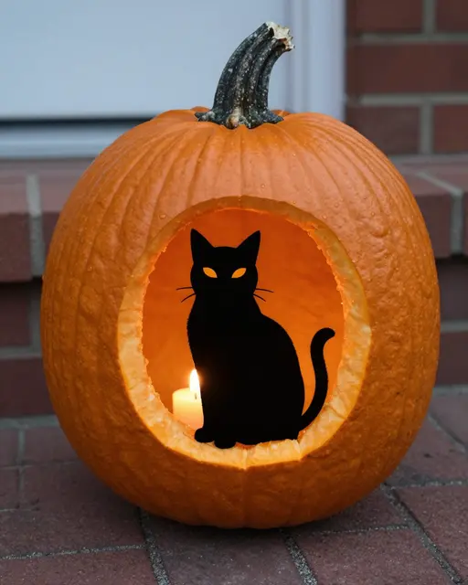 A carved orange pumpkin with a black cat silhouette sits lit by a candle on a brick doorstep.