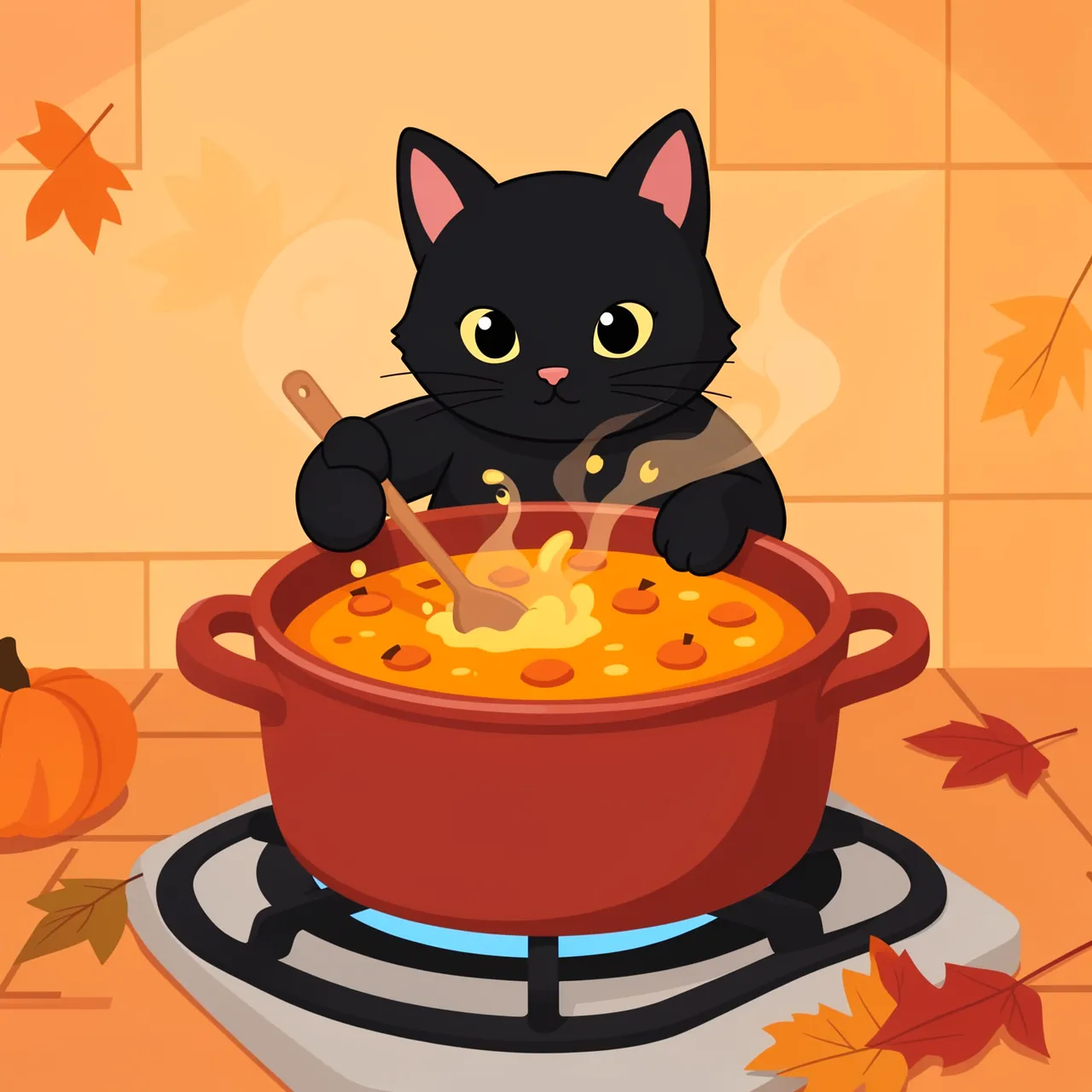 Cute black cat stirs bubbling pumpkin soup in a red pot on a gas stove with autumn leaves around