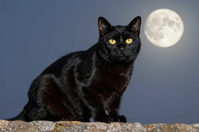 A black cat with bright yellow eyes sits on a stone wall against a twilight sky with a full moon behind it