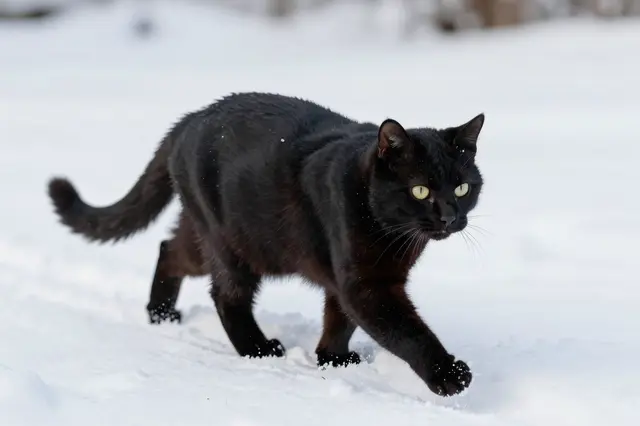 A sleek black domestic cat walks carefully across bright fresh white snow.
