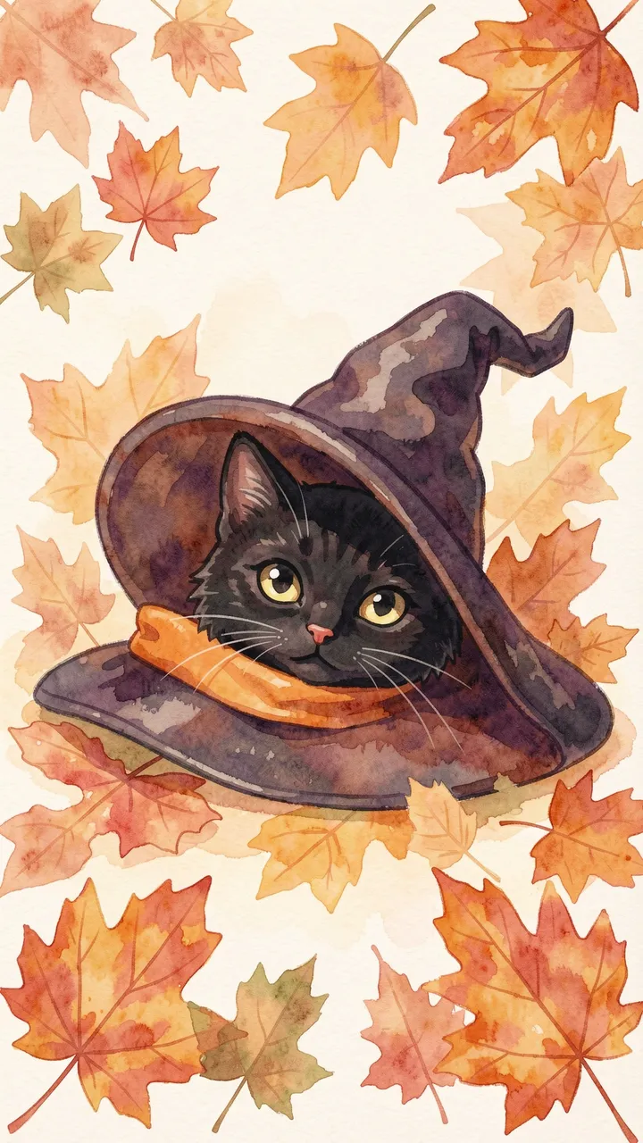 A black cat peeks out from a tipped witch hat surrounded by watercolor autumn maple leaves