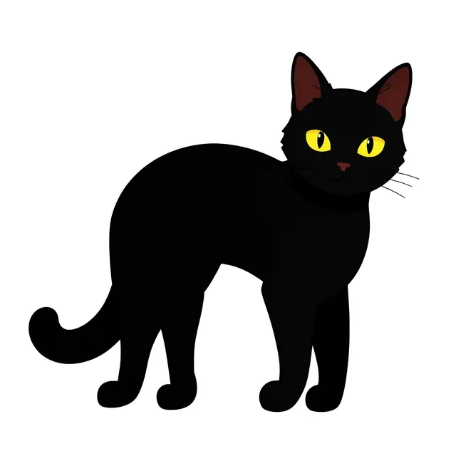 Flat clipart illustration of a black cat with bright yellow eyes isolated on a white background