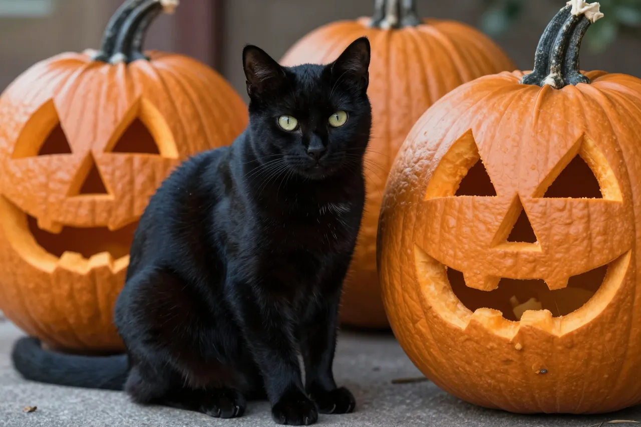 A black cat sits upright between two grinning carved Halloween pumpkins on a paved surface