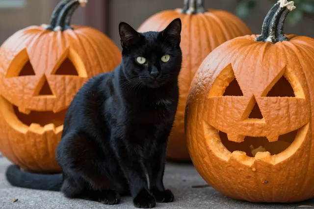 A black cat sits upright between two grinning carved Halloween pumpkins on a paved surface
