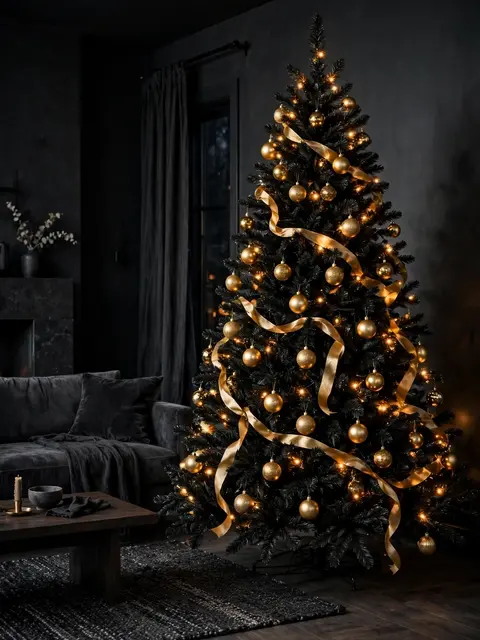 Decorated black Christmas tree with gold ornaments in a moody dark charcoal living room