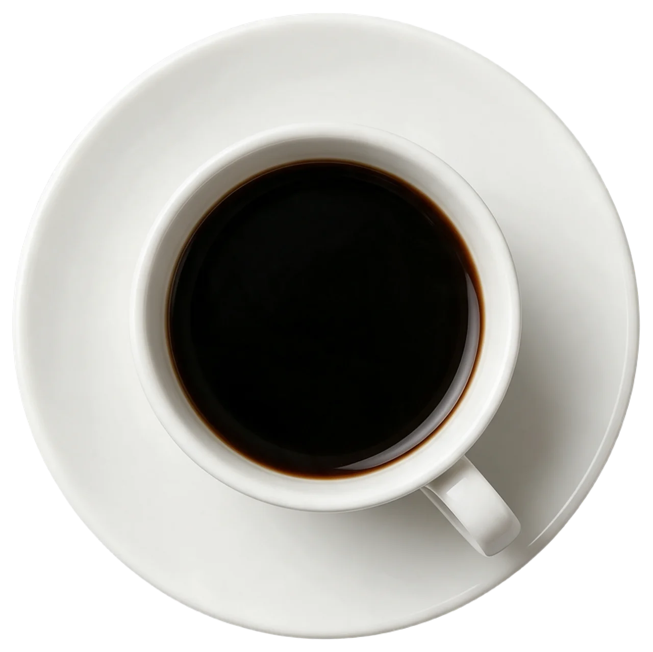Top-down view of a white ceramic cup of black coffee resting on a matching white saucer