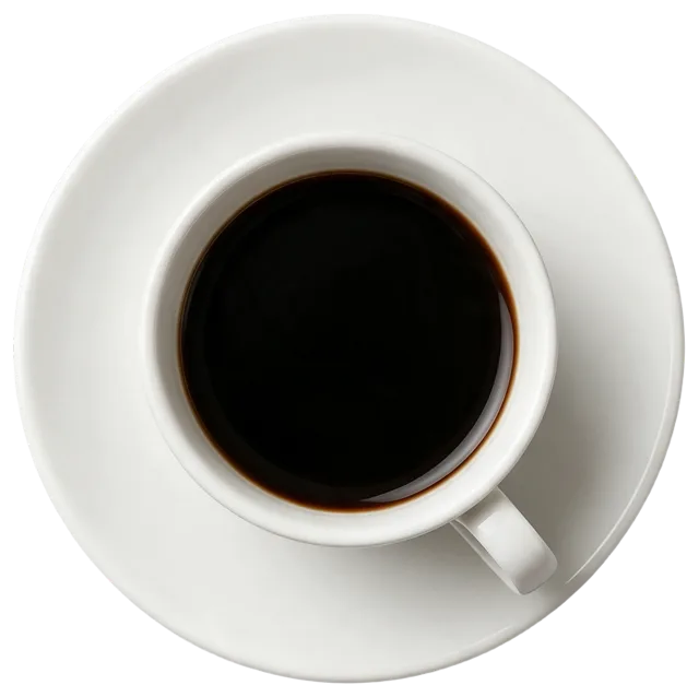 Top-down view of a white ceramic cup of black coffee resting on a matching white saucer