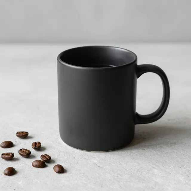 A plain matte black mug sits on a light concrete table next to scattered roasted coffee beans.