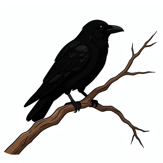 Flat illustration of a black crow perched on a bare twisted branch against a plain white background