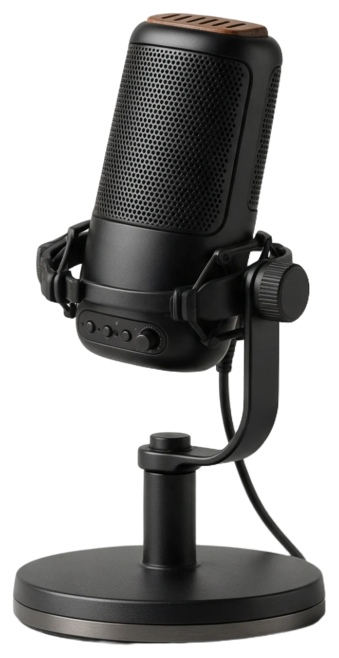 Black podcast microphone with wooden top mounted on a short desk stand