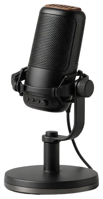 Black podcast microphone with wooden top mounted on a short desk stand