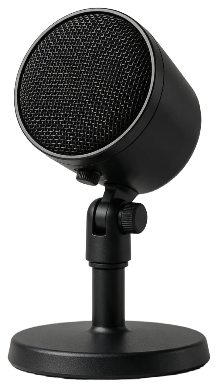 Three-quarter view of a black podcast microphone mounted on a short desktop stand