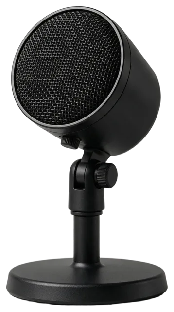 Three-quarter view of a black podcast microphone mounted on a short desktop stand