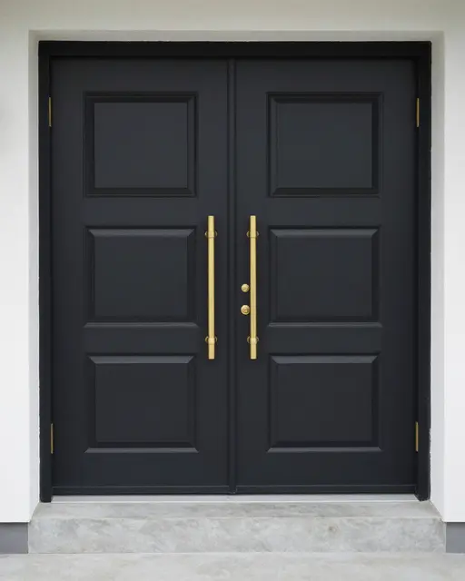 Modern black double front doors with long brass handles and a concrete entry step