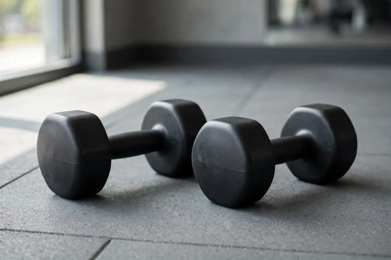 A pair of plain black rubber dumbbells rest on a gray tiled gym floor lit by soft window light.