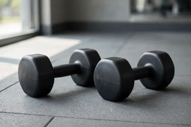 A pair of plain black rubber dumbbells rest on a gray tiled gym floor lit by soft window light.