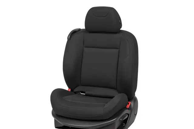 Black fabric car seat with headrest and red release latches displayed against a plain white background